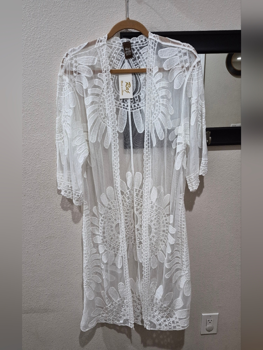 Raj White Lace Kimono Duster Sheer Boho Cover Up One Size NWT